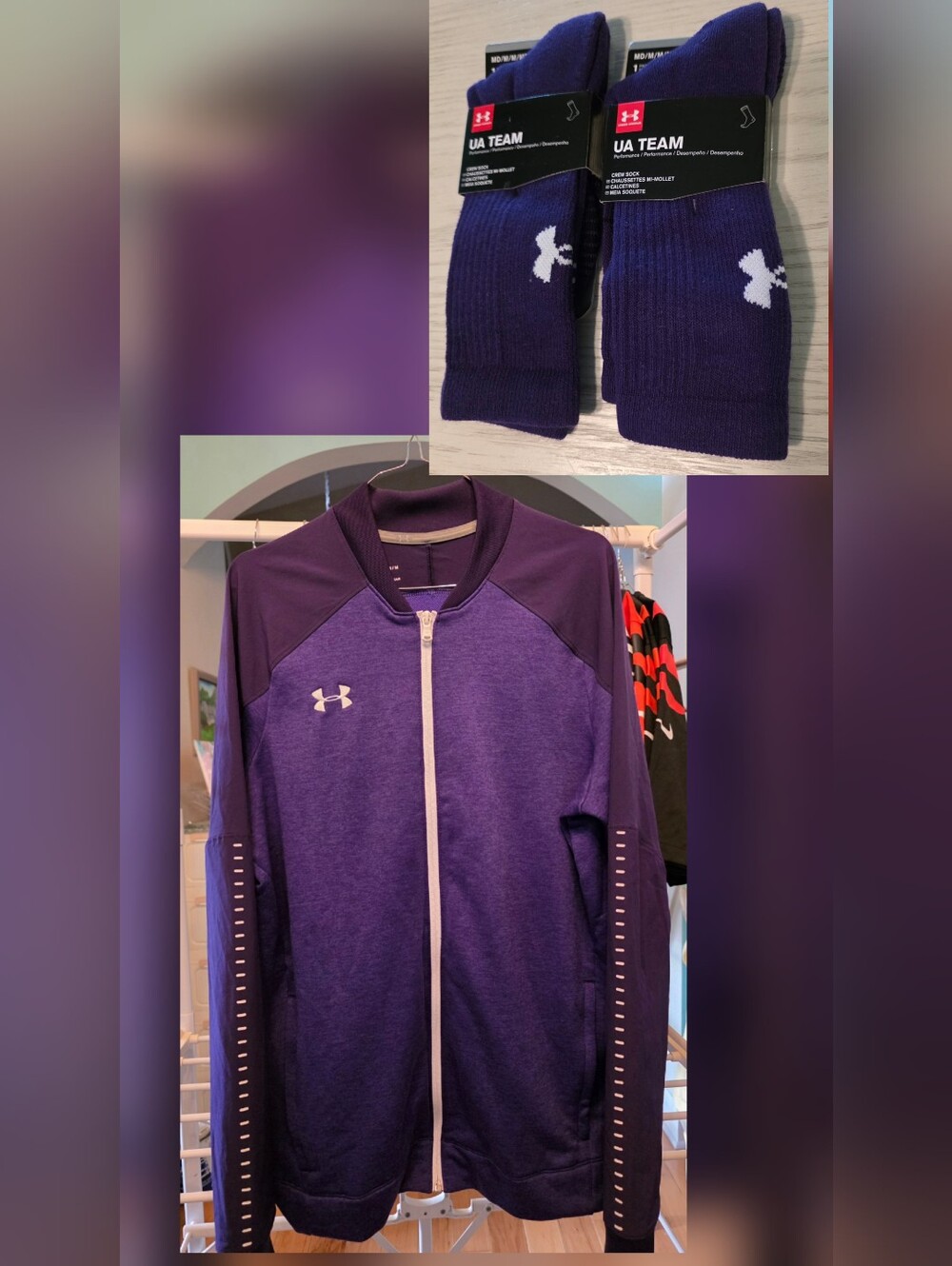 Mens Under Armour Zip Up And 2 Pairs Of Socks. New, Never Worn. Purple. Medium